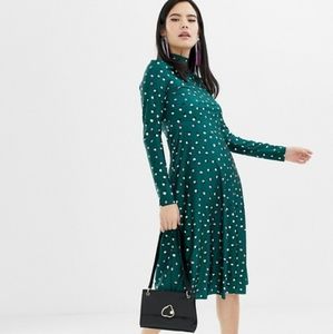 Monki high neck dot print midi dress in green